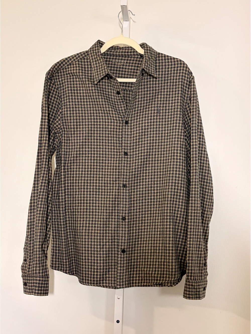 AllSaints Men's Large Brown and Black Checkered Button-Up Shirt